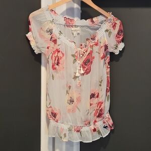 Abercrombie & Fitch baby blue semi sheer floral tie puff sleeve cinch blouse